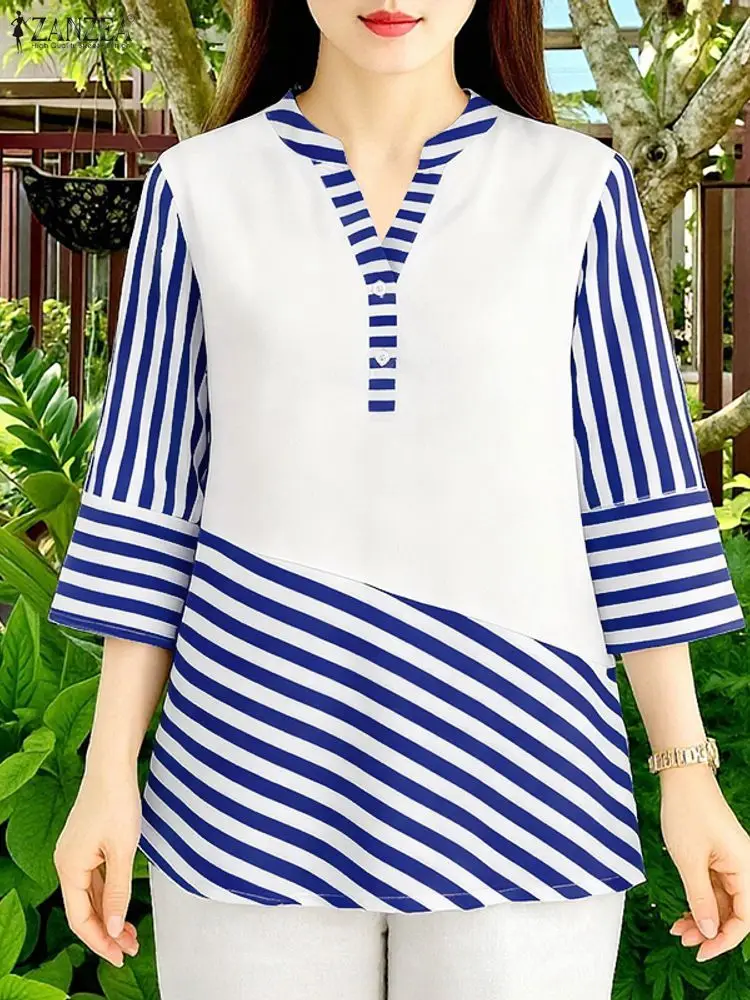 2025 elegante decote em v camisa de escritório zanzea feminino verão retalhos blusa listra blusas casuais 3/4 manga botões até topos oversize
