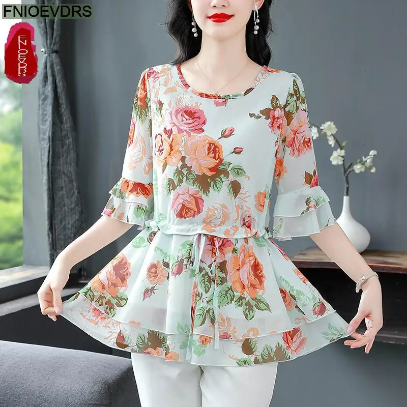 S-4XL Frauen Blume Blumen druck lange Tunika Kordel zug Schnür Chiffon Hemd Blusen Fliege Retro Vintage lose Schößchen Tops