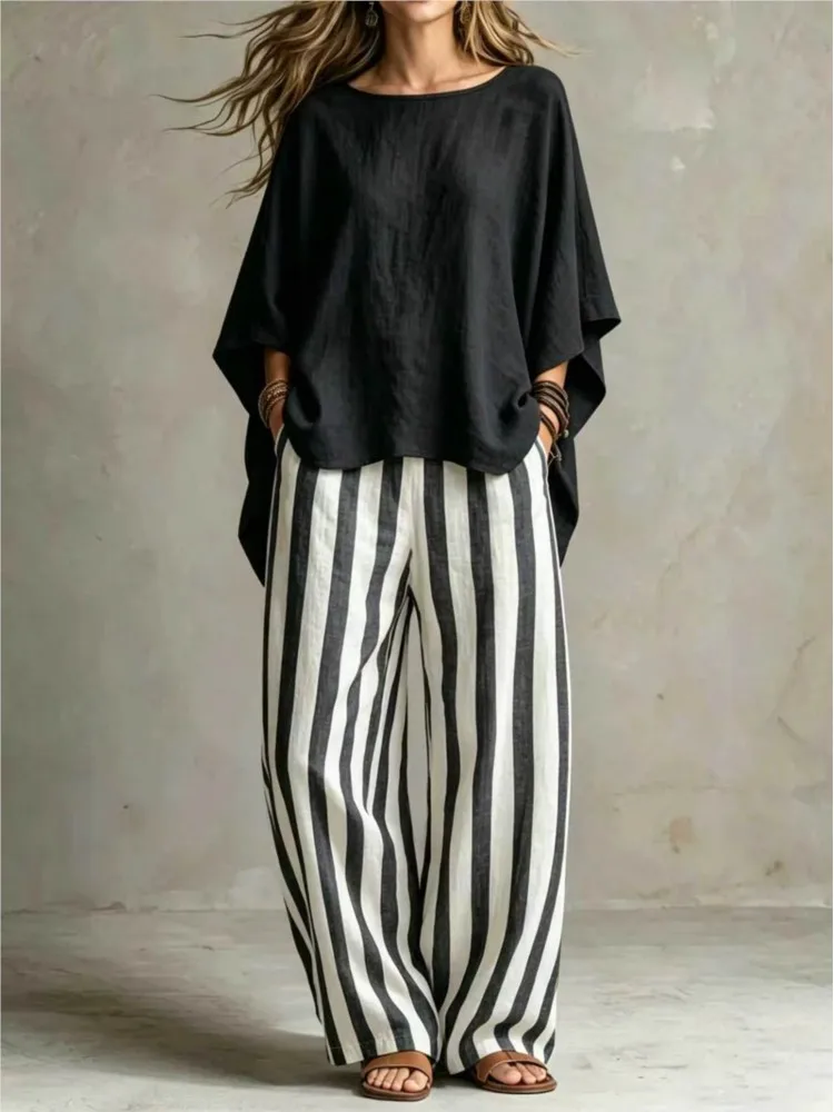 O-neck Short Bat Sleeve Women's T-shirt Pants Two-piece Set 2026 Summer Shirt Striped Trousers Loose Casual Tops And Pants Suit