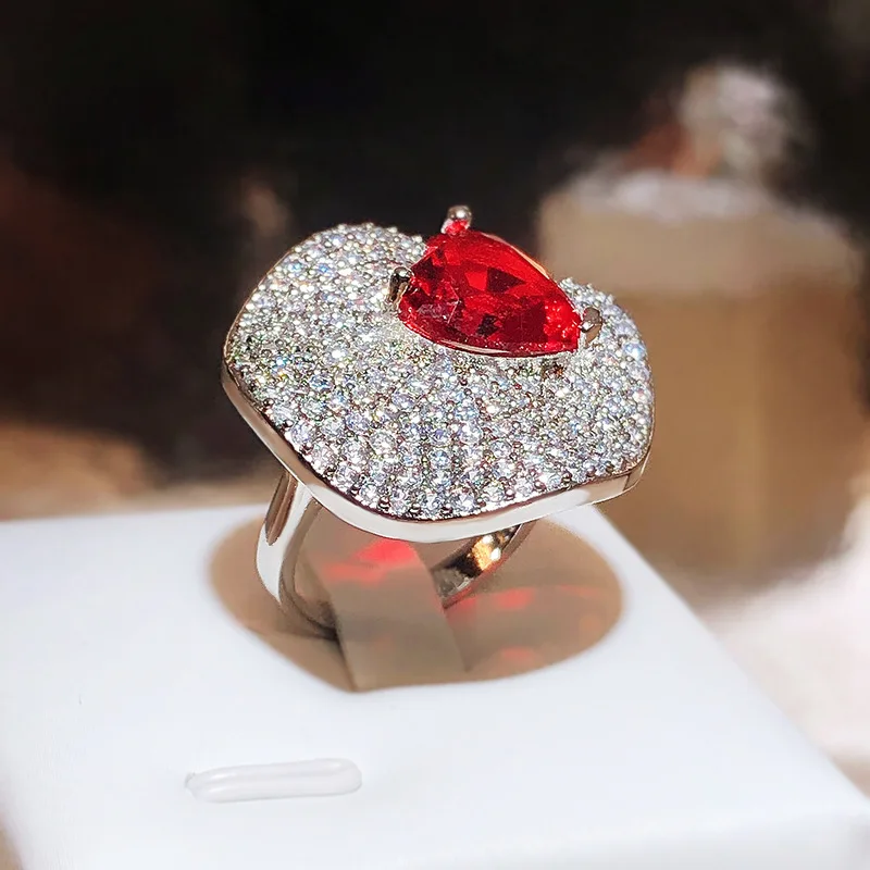 Brilliant Red Heart Zirconia Ring Open Luxury Women\'s Jewelry Premium All-match Temperament Banquet Jewelry S925 Silver