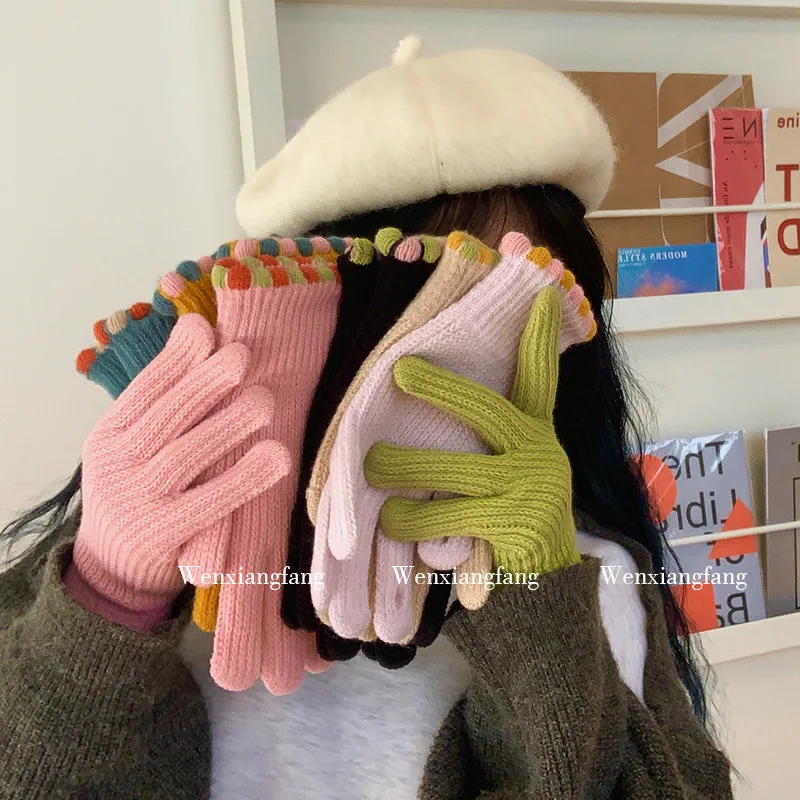 Women Touch Screen Knitted Gloves Winter Warm Thicken for Skiing Riding Solid Full Finger Fashion Y2K Harajuku Kawaii Mittens
