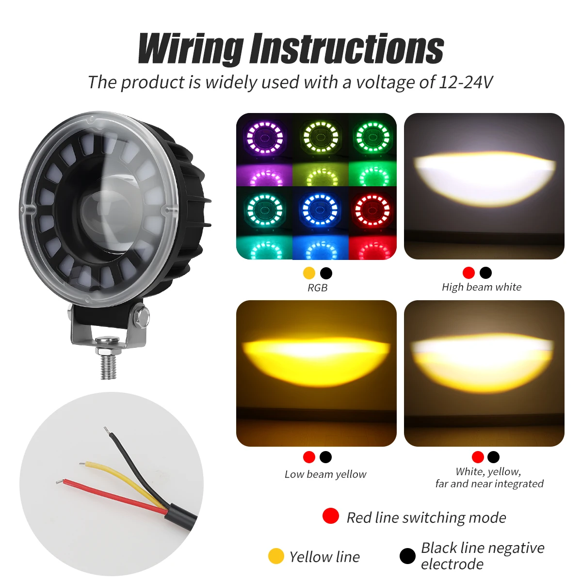 1/2PCS Motorcycle LED Lens Headlight Fog Light 12-24V Square Circular RGB Ring Spotlight Passing Lamp For Motorcycle Accessories