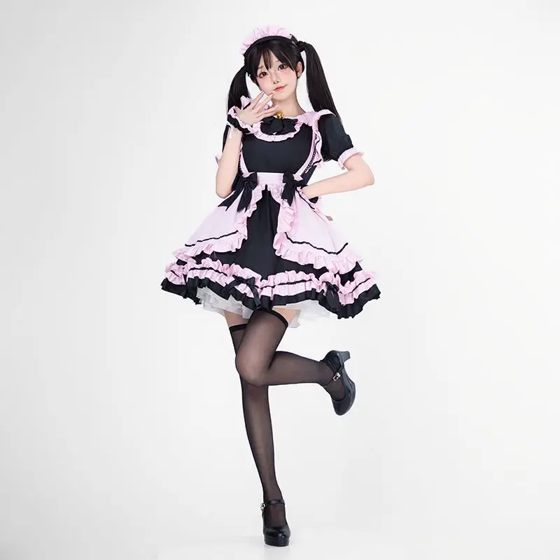 Meid Cosplay Kostuum Vrouwen Zwart Roze Meisje Lolita Jurk Schattige Kat Bell Uniform Cosplay Anime Disfraz 5-delige Set