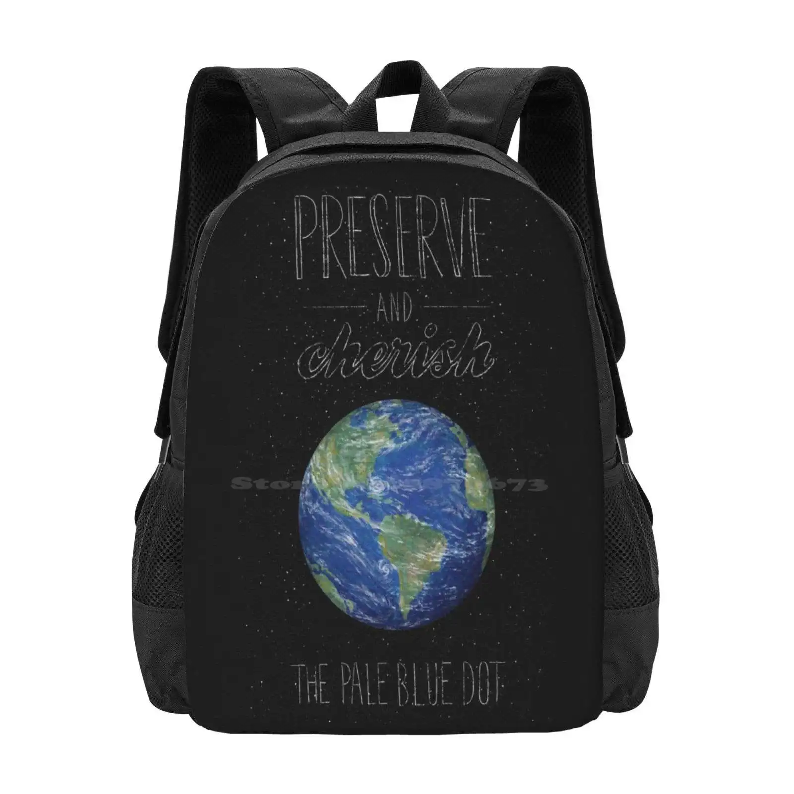 Pale Blue Dot Pattern Design Bagpack School Bags Earth Space Stars Quote Type Typography Lettering Planet Artistic Blue Green