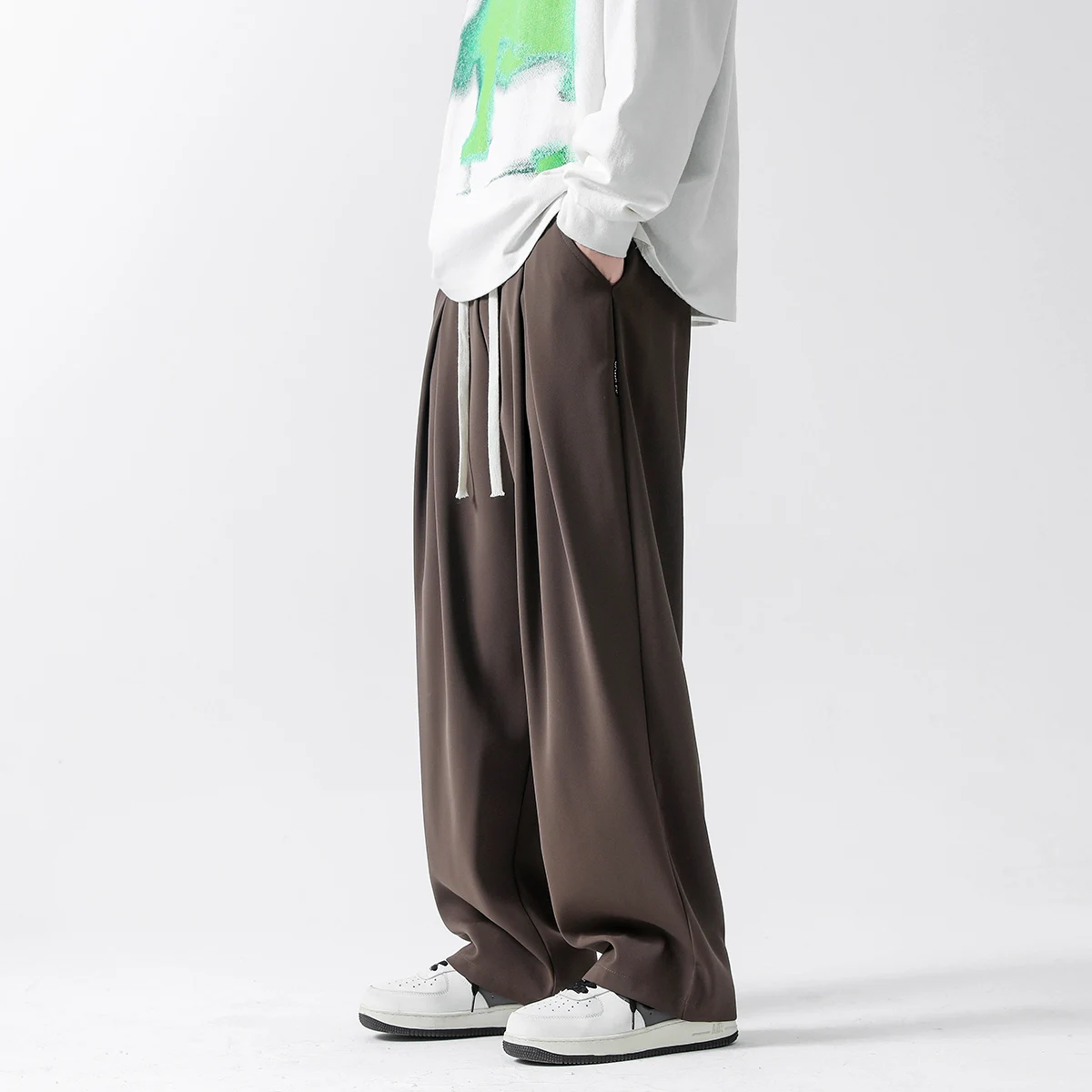 

Spring Summer Coffee Casual Ice Silk Pants Men's Trend Solid Pants Men Drape Mopping Pants Straight Loose Wide-leg Trousers