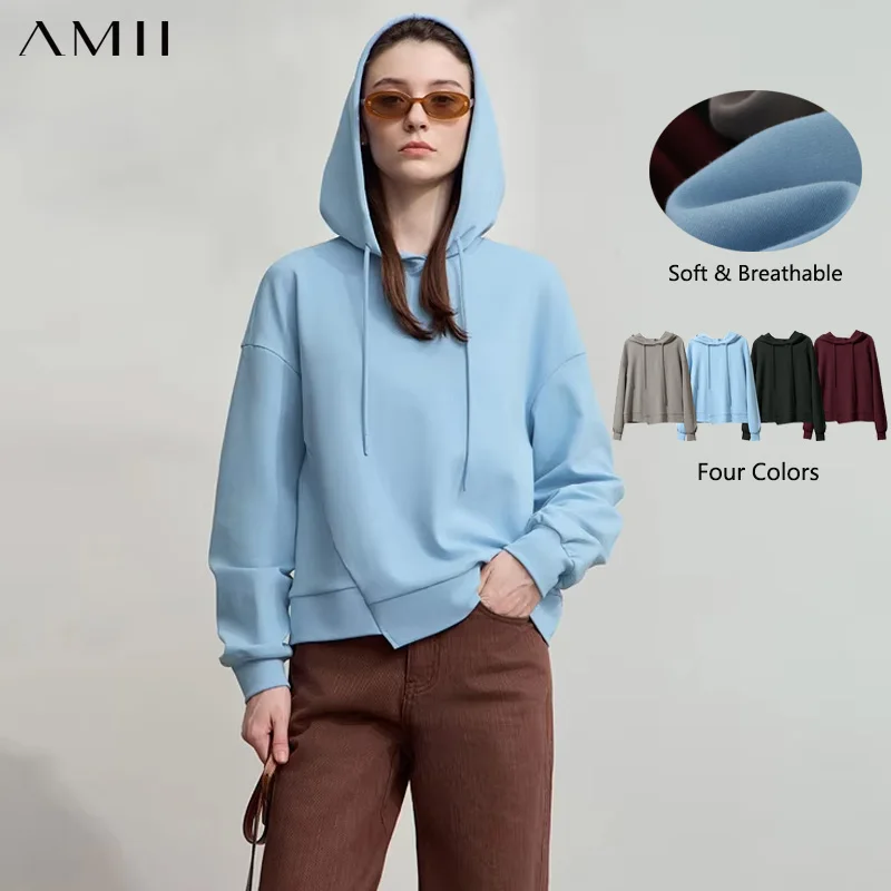 AMII Minimalistischer Damen-Kapuzenpullover aus Baumwolle, 2025, Herbst, Streetwear, Sweatshirts, Buchstaben-Stickerei, lose Hoodies, lässiger Pullover 12543134