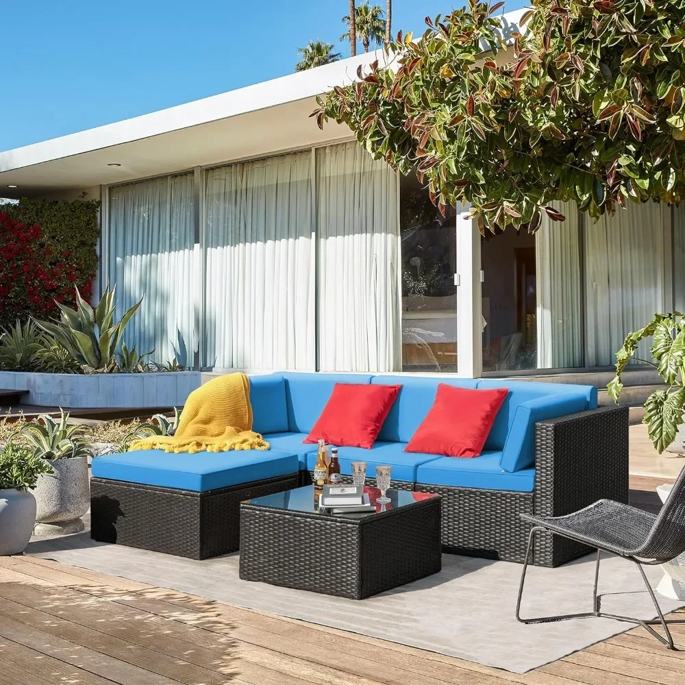 

5 Piece Patio Conversation Set Wicker Rattan Furniture Outdoor Sofa with Cushions,Pillows & Glass Table for Porch,Lawn