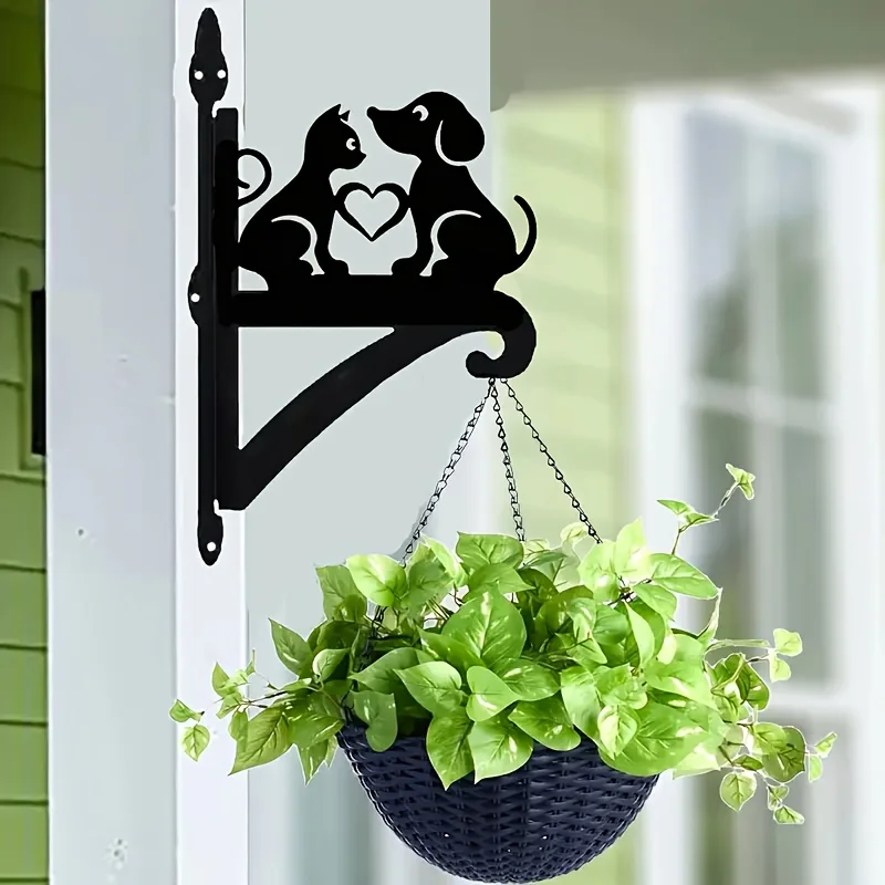 1 Piece European Country-Style Heavy-Duty Iron Art Cat and Dog Silhouette Wall-Mounted Plant Hanger - Modern Outdoor Decoration, Suitable for Flower Pots, Lanterns, Bird Feeders, and Wind Chimes - Includes Hardware