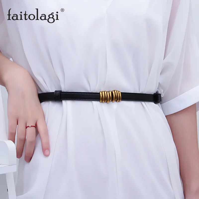 Vintage Thin Women Belt Gold Buckle Pu Leather Waist Belt Ladies Wild Skinny Dress Coat Decor Waistband Adjustable Straps
