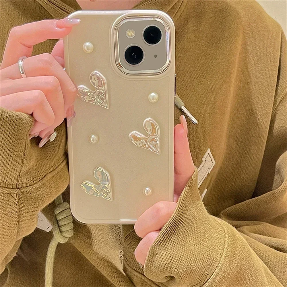 

Korean Cute 3D Laser Love Heart Pearl Creative Phone Case For iPhone 14 13 12 11 Pro Max X XR Plating Lens Protective Soft Cover