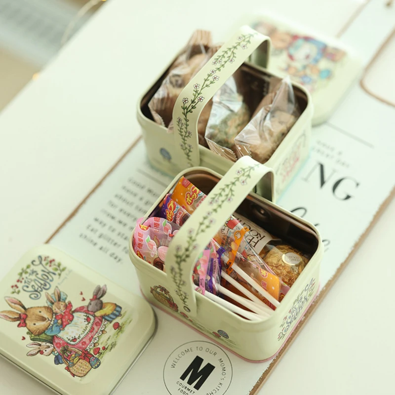 Candy Box Cartoon Rabbit Pattern Good Sealing With Handle Vintage Gift Giving Portable Easter Cookie Gift Tins For Holiday