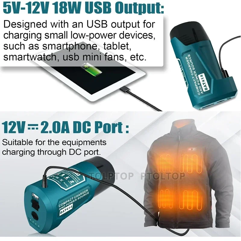 Metropolitan Jacket Battery Charger 12V, Bosch 10.8-12V Adapter, 24.com Charger, BAT411, BAT414 with USB and type-c