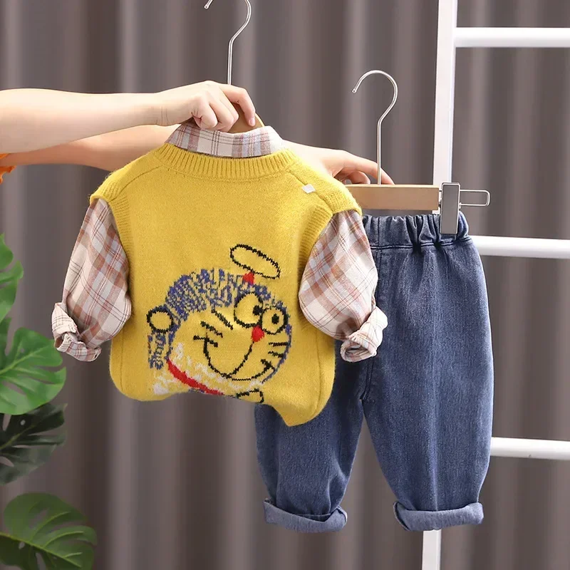Doraemon Boys Children\'s Sets spring autumn clothes cartoon jacket children baby plaid shirt three-piece suit