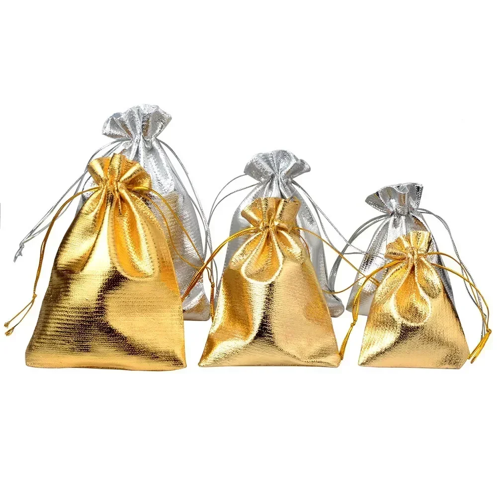 10 teile/los Schmuck verpackung Goldfarbe Folie Stoff Kordel zug Aufbewahrung tasche 7x9cm 9x12cm