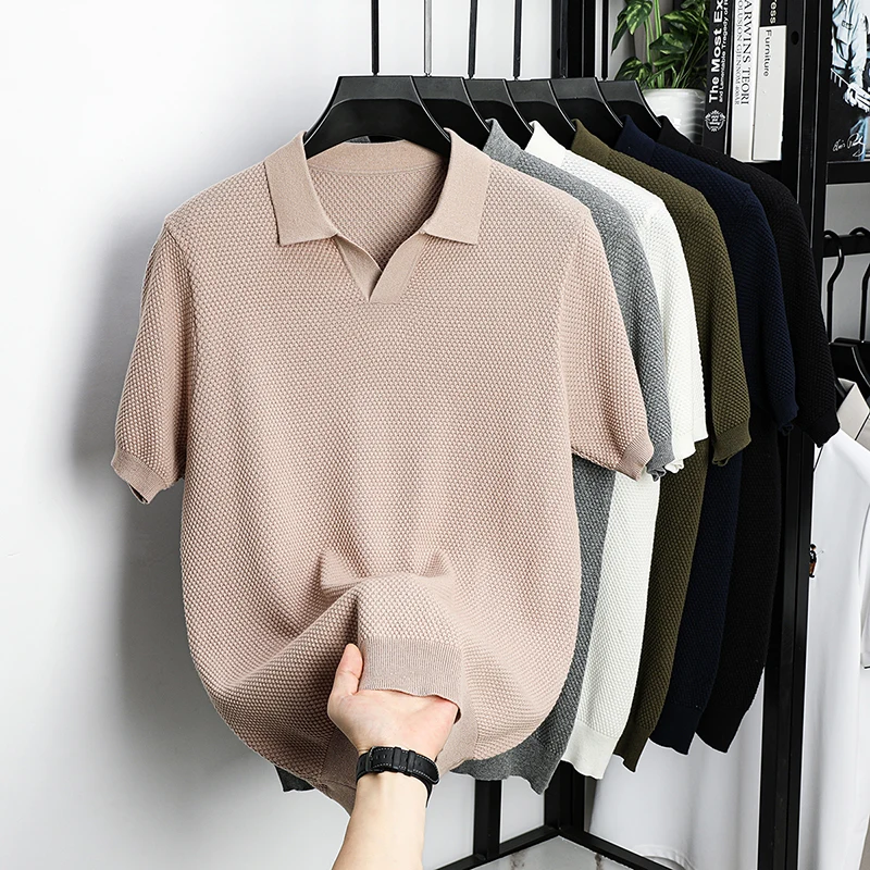 100 Baumwolle High-End-Marke männer Revers Kurzarm T-Shirt Sommer Neue Einfarbig Kleine V-ausschnitt Mode Business freizeit Männer derbekleidung – Detail 13