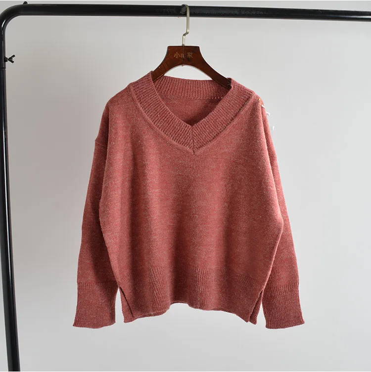 루즈핏 브이넥 긴팔 단색 니트 기본 셔츠 레귤러 핏 가을 겨울 여성 패션 고품질 프리미엄 여성 스웨터