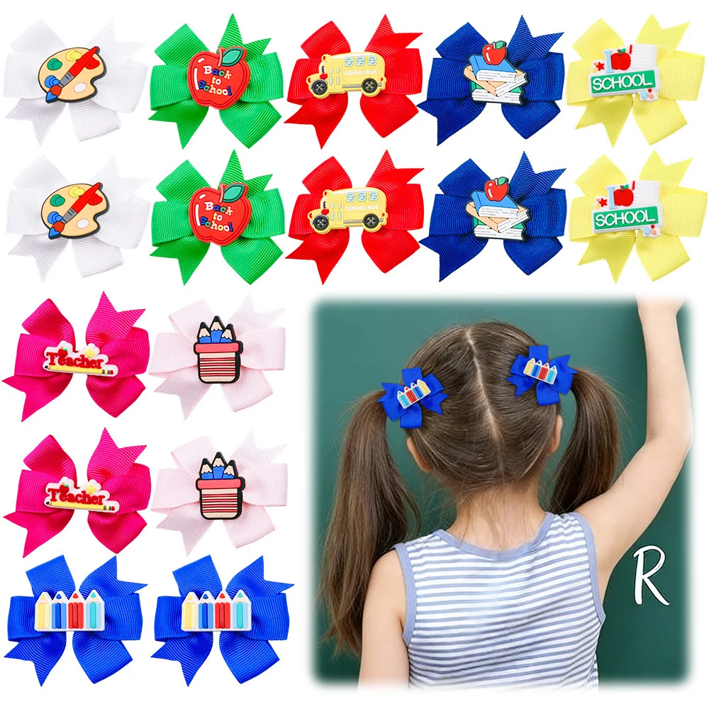 72pcs Kids Hair Clips Set Pencil Print Bows & Apple Fruit Pattern Barrettes Girls Hairpins Bulk Back to School Headwear Supplies