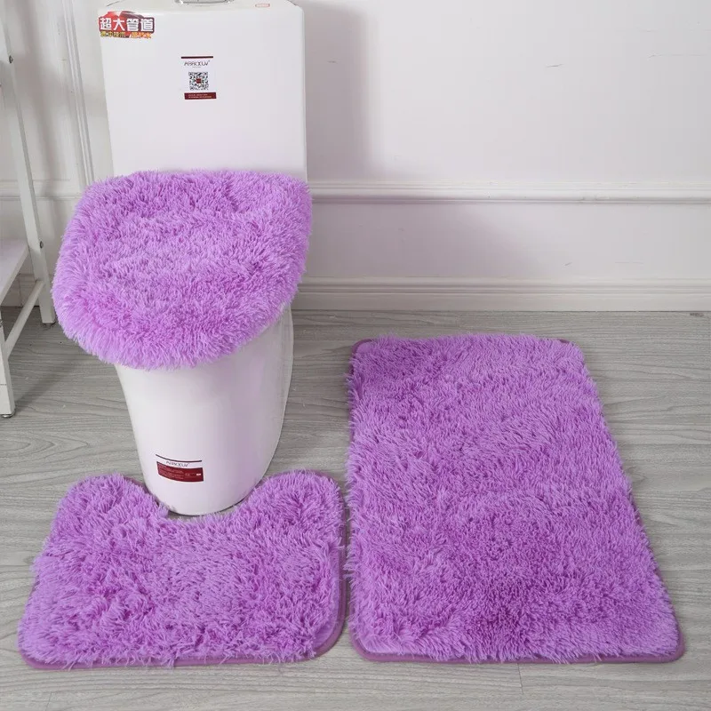 3PCS/set Solid Color Bathroom Mat Set Fluffy Hairs Bath Carpets Modern Toilet Lid Cover Rugs Kit Rectangle U-shape Floor Mats