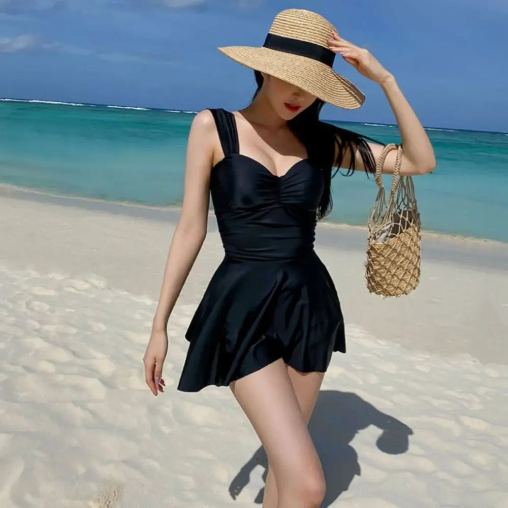Padded Conservative Swimsuit Steel Support Gathered Belly Cover Swimsuit Svelte Design Thermal Monokini Bandeau Dress