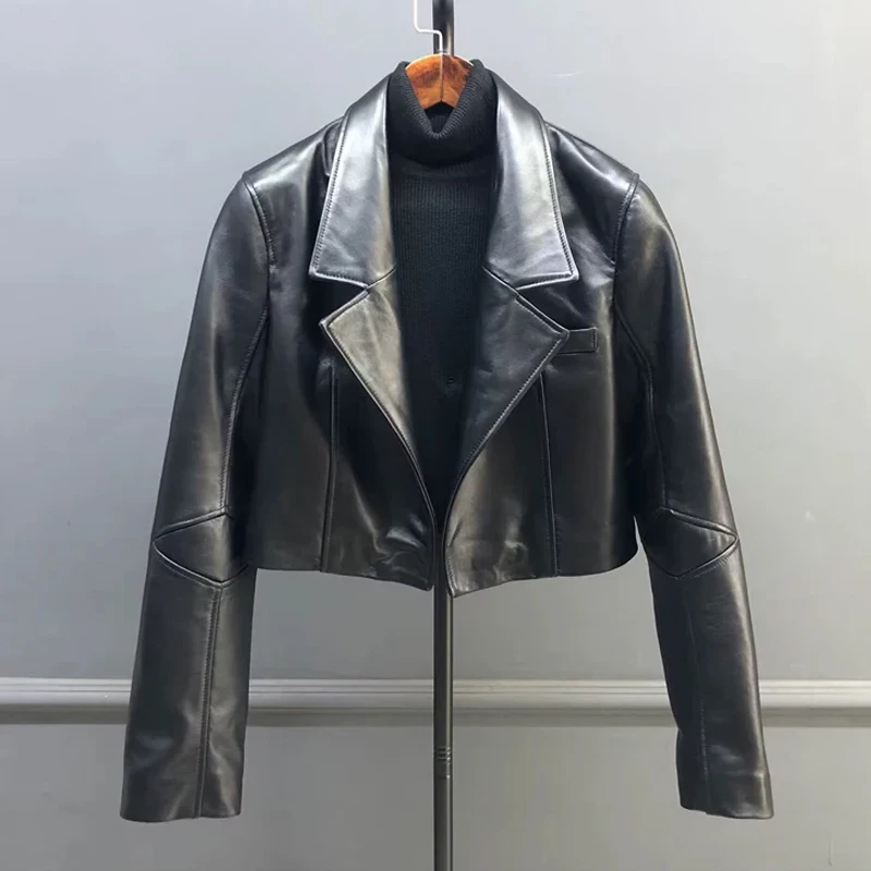 

High Street Women's Real Leather Jackets Coats 2026 Spring Black Female Full Sleeve Lapel Short Sheepskin Blazer Jackets Tops