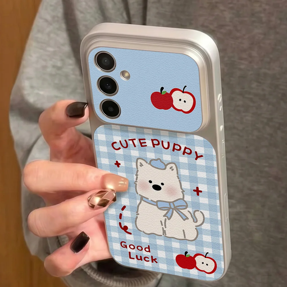 Blue Plaid Puppy Pattern Phone Case For Samsung A57 A27 A56 A16 A36 A37 A17 A07 A26 S24 S25 S26 Ultra Leather Soft Lanyard Cover view 4