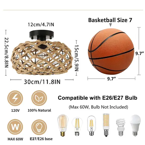 हेम्प रस्सी छत लाइट विंटेज E27 बुना रतन विकर लटकन लैंप बेडरूम कैफे हॉलवे ग्रामीण इलाकों इनडोर सजावट लैंपशेड के लिए 10 best sales छत प्रकाश कवर - №1