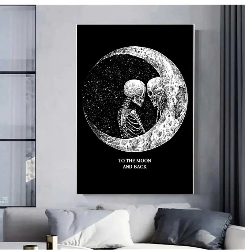 Dark Romantic Poster To the Moon and Back Art Print Skeleton Moon Skull Art Canvas Painting Gothic Decor Special Gift Home Room