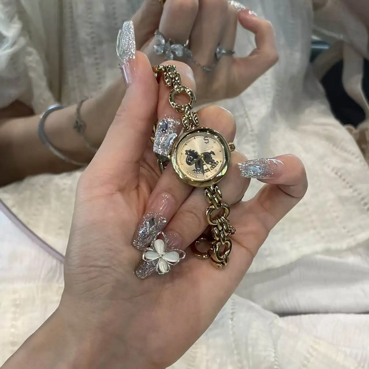 

CILOA Womens Round Horse Dial Watch Gold Silver Two Tone Chain Bracelet With Dollar Charm Fashion Quartz Wristwatch