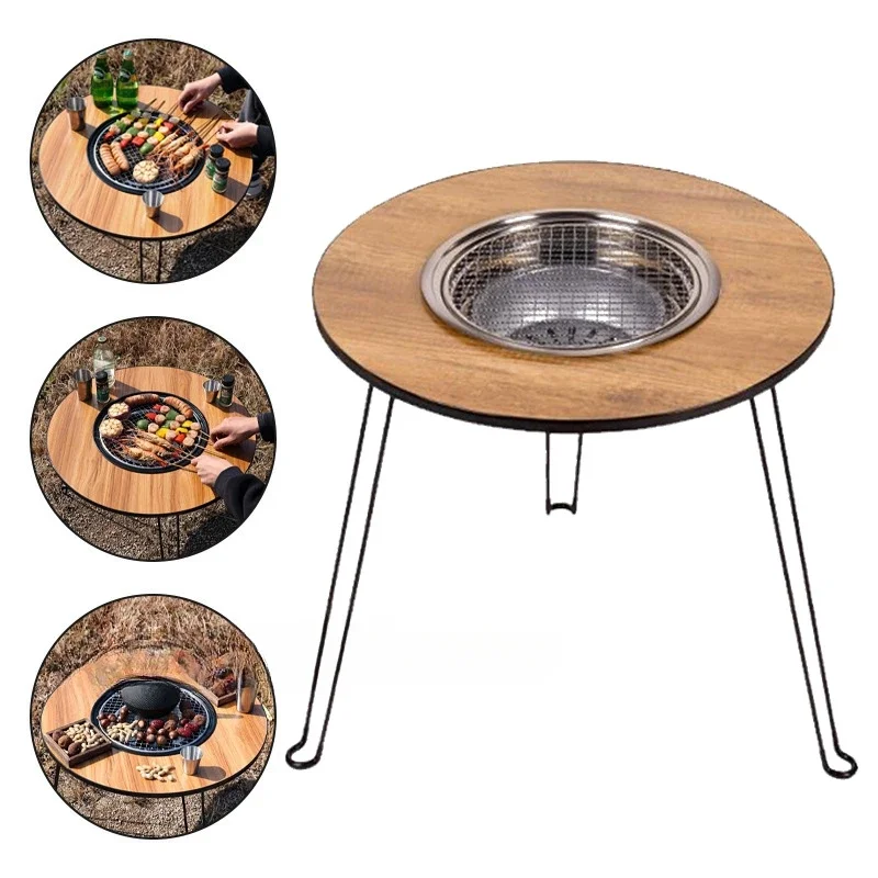 

Folding Camping Table Round Outdoor Barbecue Grill Portable lightweight Brazier Stand Charcoal Table BBQ Stove Coffee Meat Table