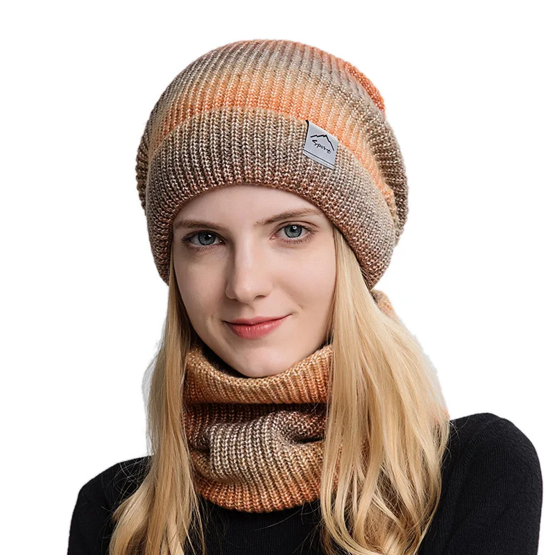 Winter Women Beanies Snood Sets Gradient Color Knitted Hat Warmer Fashion Outdoor Windproof Thicken Tie Dye Scarf Hat For Women