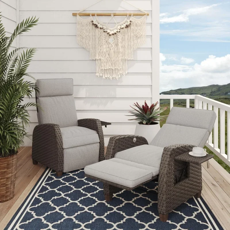 

Reclining Chairs with Extended Footrest 2-Piece Adjustable Patio Wicker,Lounge Recliner up to 150° with Flip Side Table - Mist G