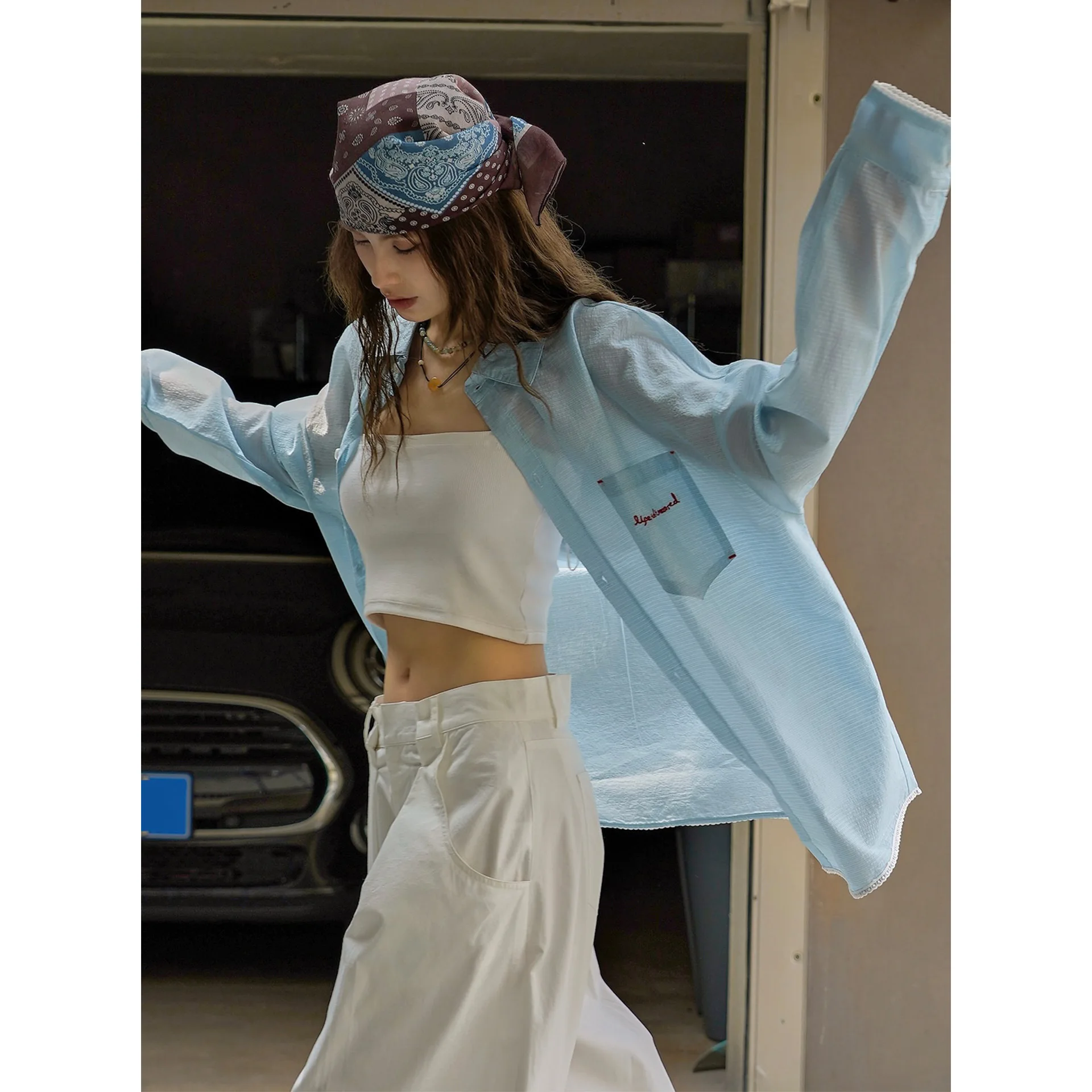 

Summer Color-block Embroidered Plaid Blue Shirt Texture Casual Top For Women