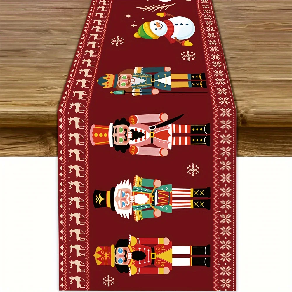 1Pc Christmas Nutcracker Soldier And Snowman Table Runner Red Festive Holiday Pattern Table Cover For Dining Room Kitchen Party