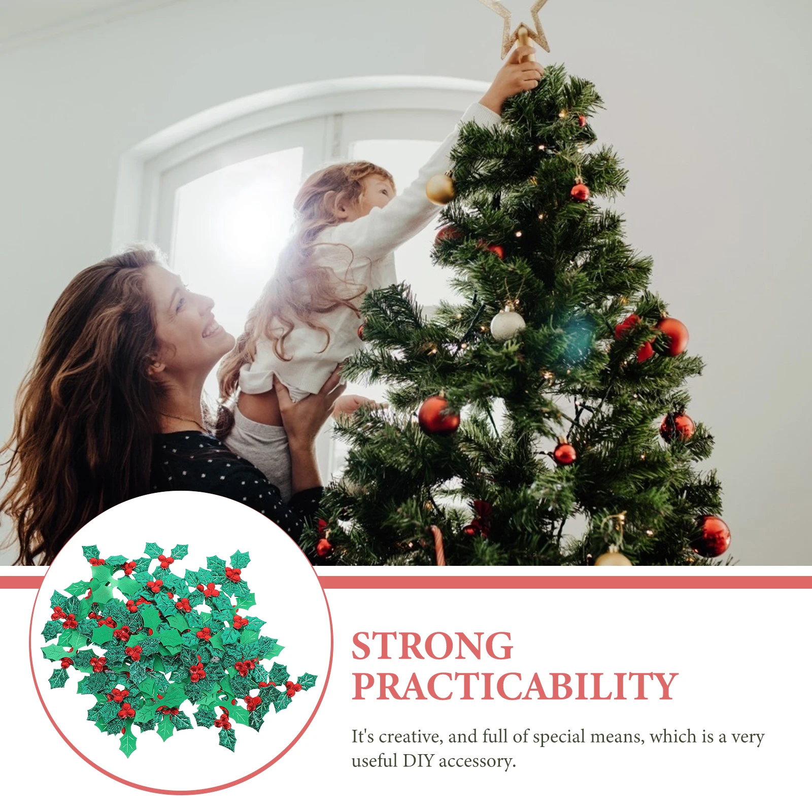 

100pcs Leaves Decorative Accessories Cloth Diy Christmas Berry Green Holly Xmas Party Supply Wreath Arrangement Craft Decor