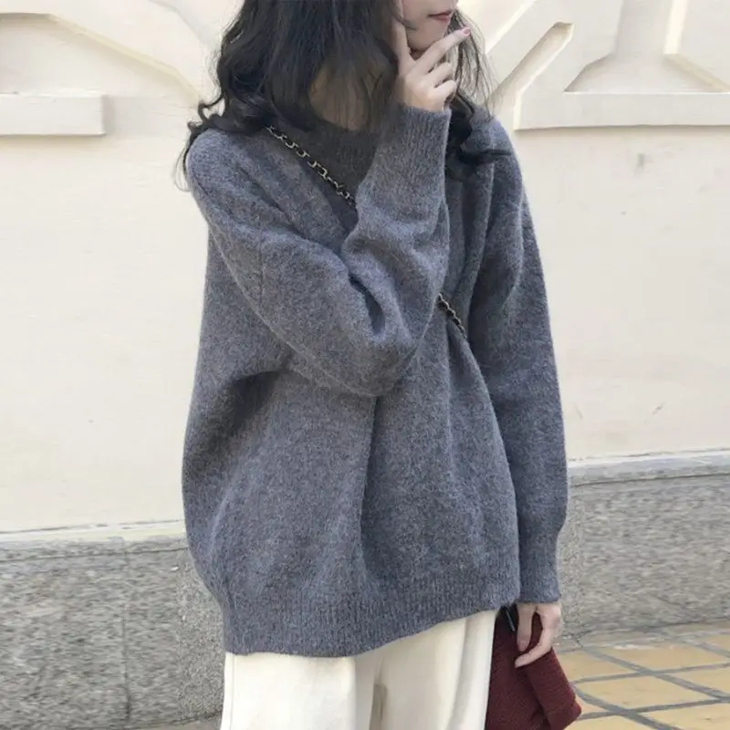 Vintage Women Solid Sweaters Autumn Winter O Neck Long Sleeve Pullovers Tops Korean Fashion Soft Thick Oversized Knitted Sweater