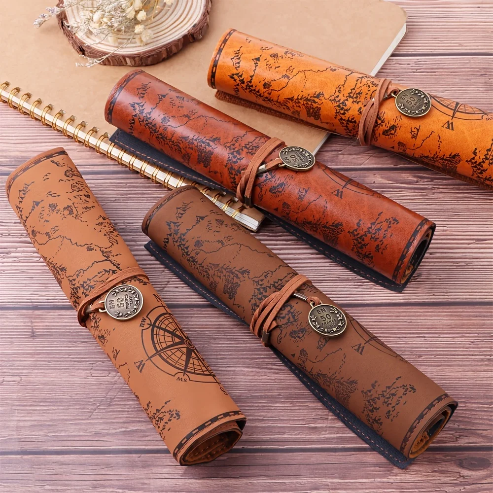 Retro Treasure Map Roll Pencil Case PU Leather Large Capacity Pen Bag Makeup Brush Pouch Pencilcase School Stationery Supplies