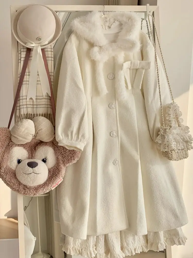 

Y2k Harajuku шерстяные пальто в стиле Лолиты с милым бантом, зимние утепленные теплые топы, винтажная свободная куртка средней длины для женщин Chaqueta Mujer