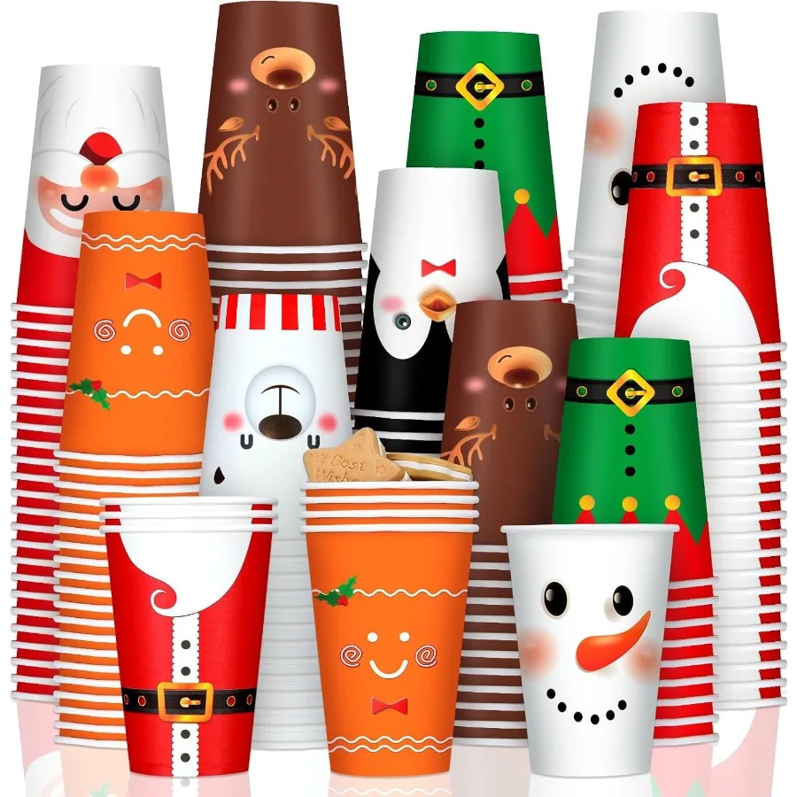 

200 Pcs Christmas 12 oz Paper Cups Disposable Coffee Cups Santa Snowman Elk Disposable Hot Tea Paper Xmas Party Drinkware Suppl
