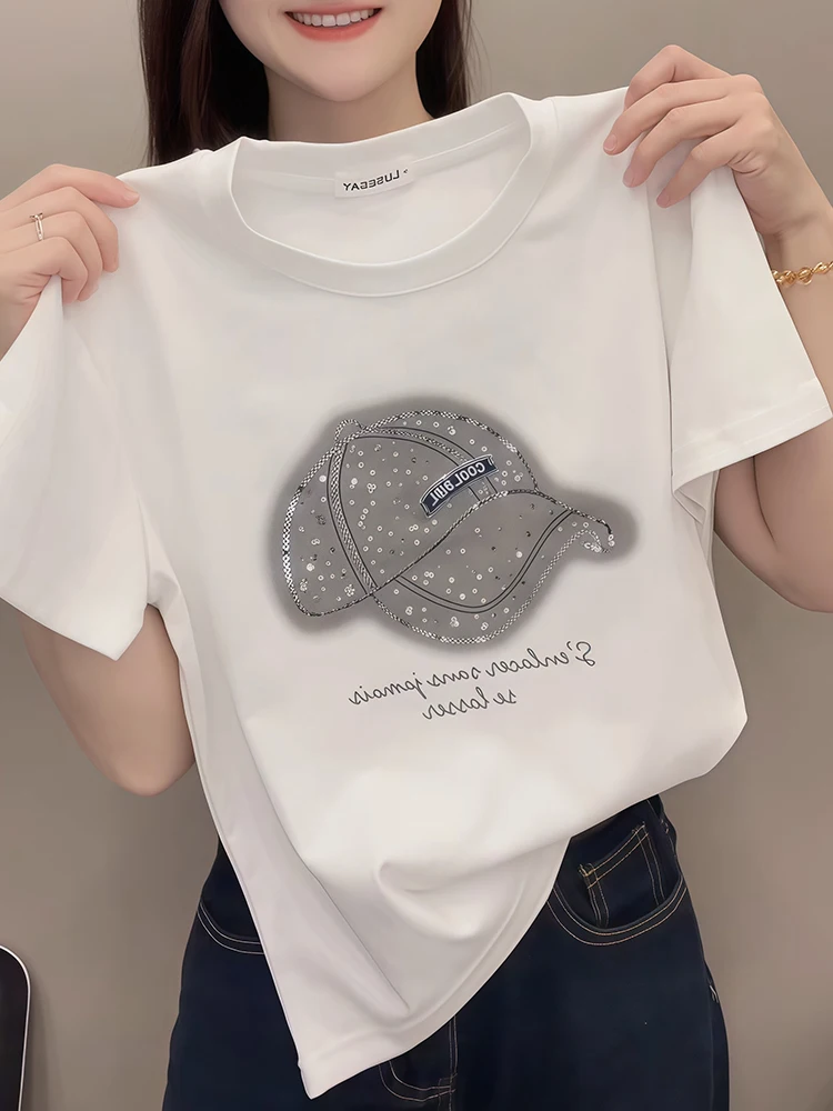 European style fashion sequined short sleeved T-shirt women in summer 2025 loose fit slimming and age reducing trend top