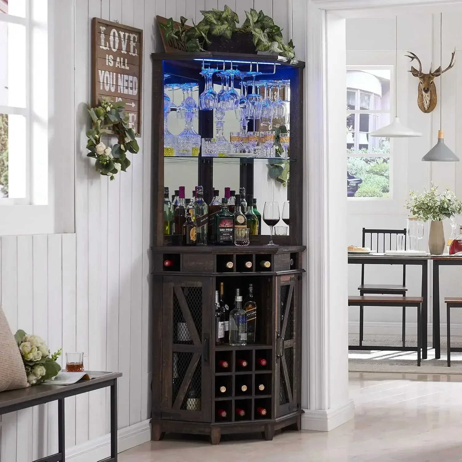 XMSJ.Corner Bar, 72" Tall Farmhouse Wine Bar Cabinet w/Barn Door & Adjustable Shelf, Home w/LED Light & Glass Rack, Dark Rustic