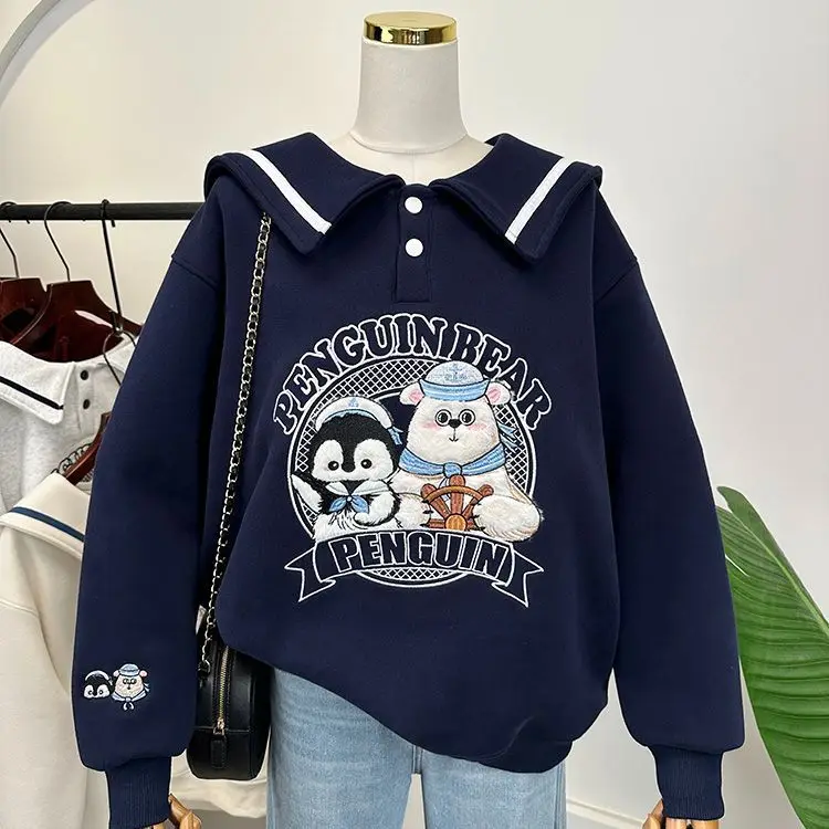 

Американский ретро-свитшот с мультяшным принтом, темно-синий воротник, модная одежда для девочек в стиле колледж, весна-осень, удобный свободный крой