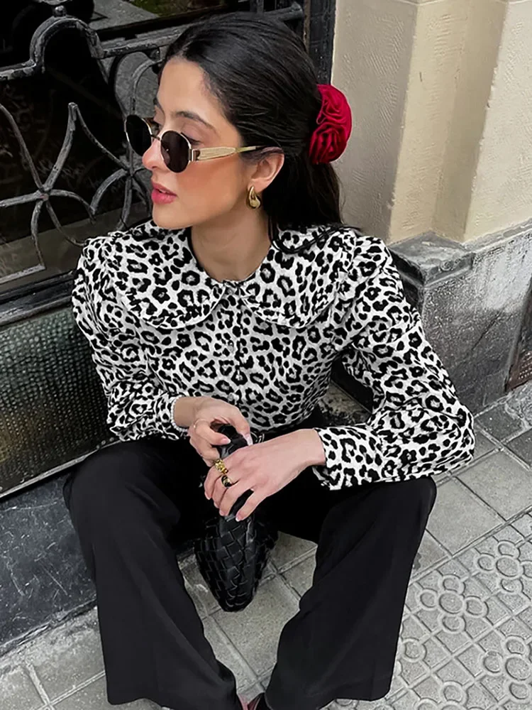 Fashion Leopard Print Shirt Top Women's Summer Lapel Long Sleeve Stitching Button Slim Casual Women's Cardigan Top Shirt