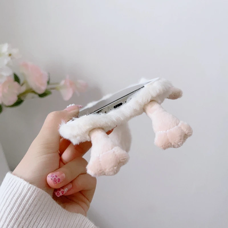 น่ารัก3D กระต่าย Fur Plush โทรศัพท์สำหรับ iPhone 14 13 12 Mini 11 Pro Max XS Max XR X SE 2020 6S 7 8 Plus Warm Plush