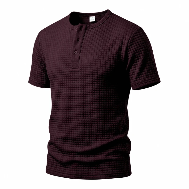 Men's check texture Henry collar short-sleeved casual T-shirt, with a loose design, suitable for summer sports and daily wear view 4