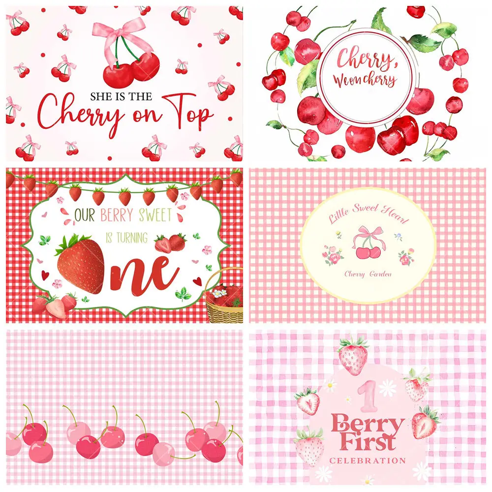 

Red Strawberry Cherry Pink Plaid Photography Background Custom Sweet Girl's First Birthday Baptism Party House Decoration Banner