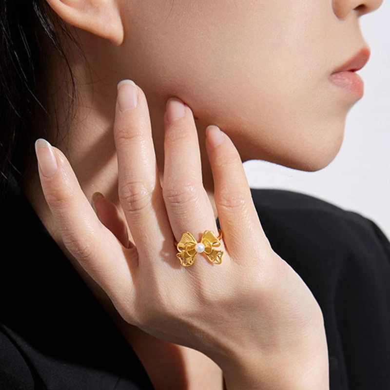 

Fashion K18 Gold Color Open Hollow Butterfly Pearl Ring for Women Bride Wedding Engagement High Jewelry Rings Gifts Not Fade