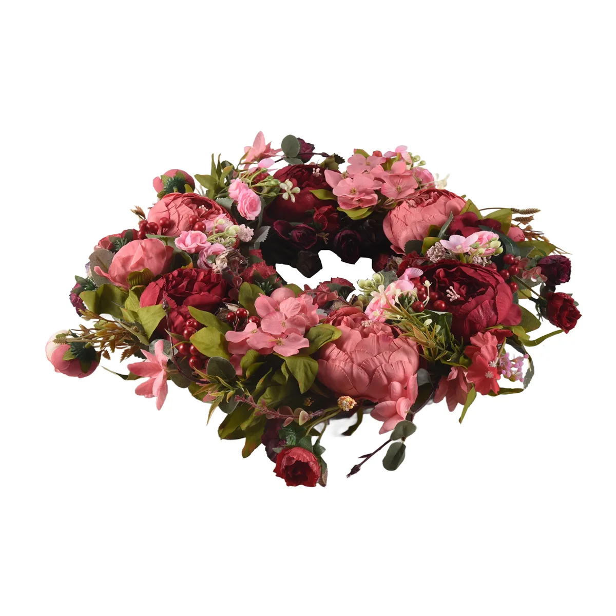 

B18B Decorative Door Wreath,Silk Flower Peony Head Flower Wreath 40cm Handmade Garland for Autumn Winter Outdoor Display Red