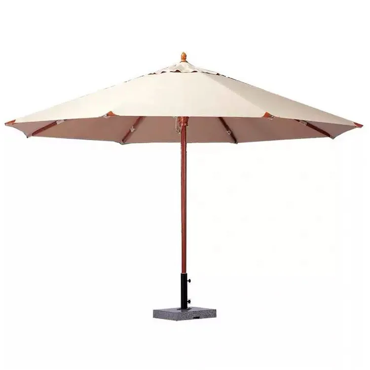 8 Ribs Market Umbrella 10Ft Outdoor Patio Parasol With Pulley Lift Frames Wooden Umbrella