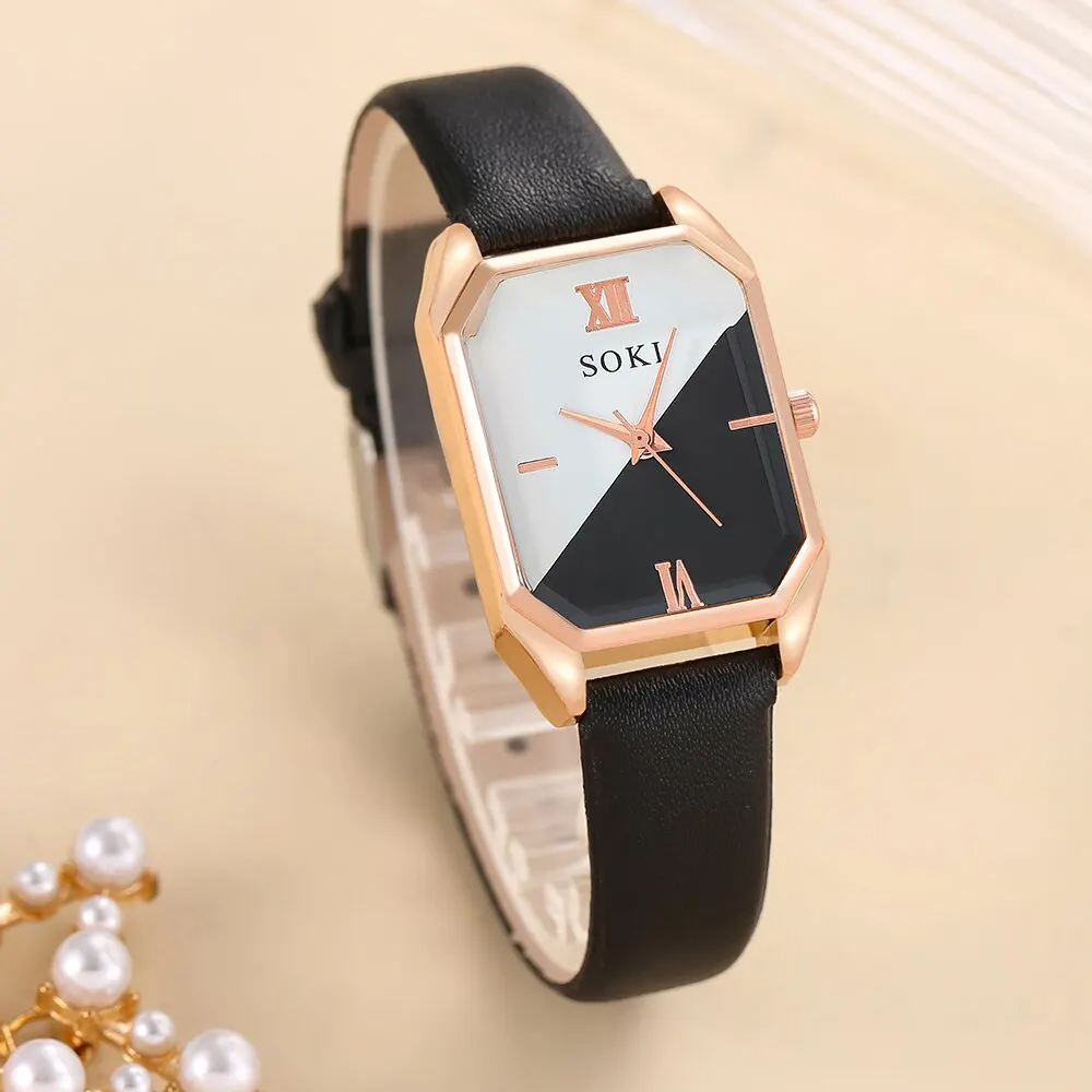 6pcs Square Quartz Watch Dainty Bracelets Set Women Black White Watch Dial Leather Strap Heart Leaf Infinity Bracelets Set