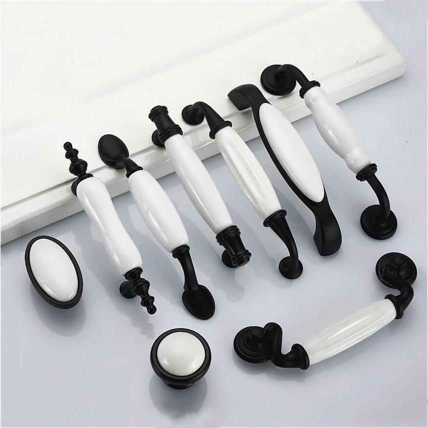 Ceramic Black White Cabinet Handles Drawer Knobs Zinc Alloy Wardrobe Door Handles Pulls Simple European Furniture Handle